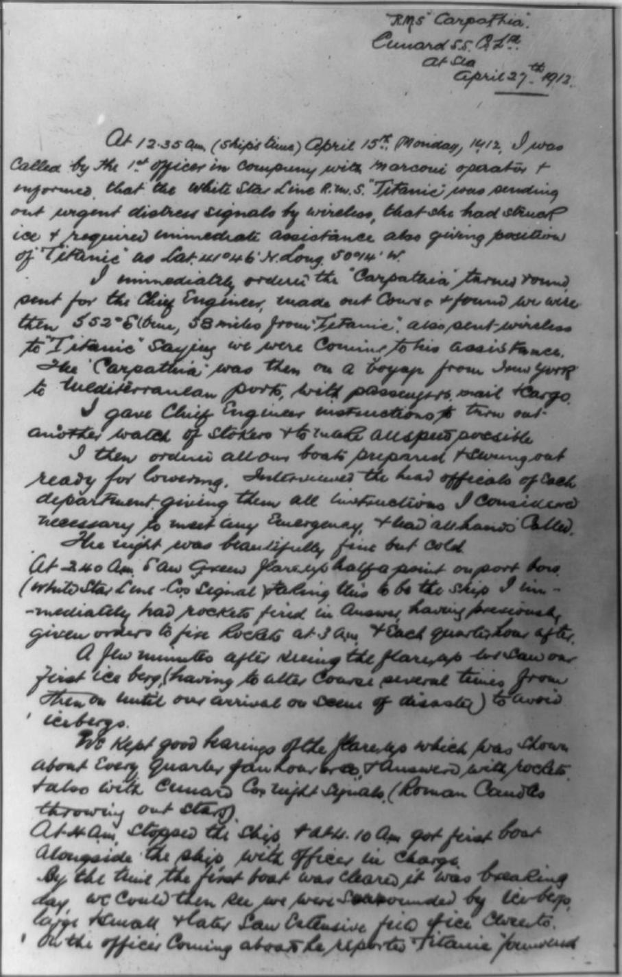 Manoscritto del Capitano Rostron che descrive la sua risposta al segnale di soccorso del TITANIC. 