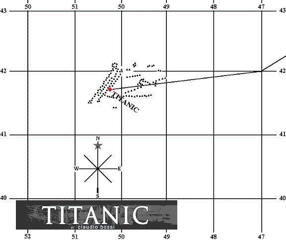 Nella cartina sono disegnati gli iceberg segnalati il 14 aprile sulla rotta del TITANIC.