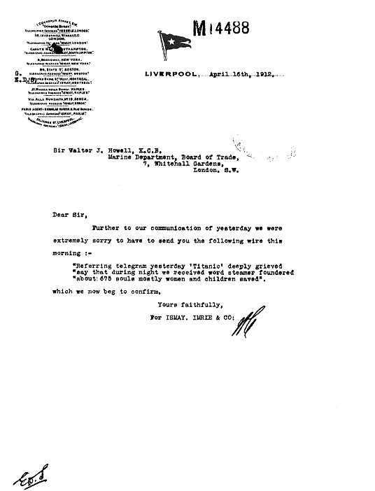 La comunicazione, a firma di Bruce Ismay, che il TITANIC  affondato.